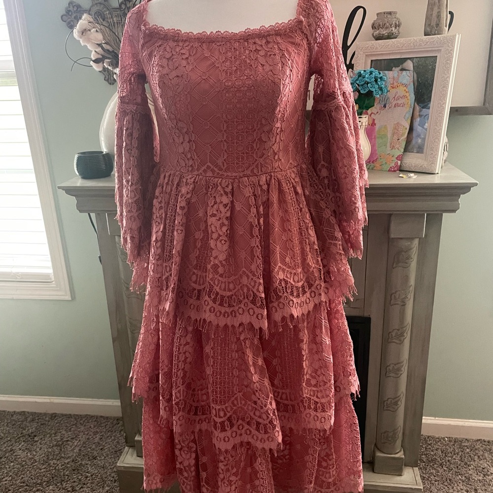 Anthropologie  Gypsy Boho Champagne & Strawberry Lace vintage style Dress sm